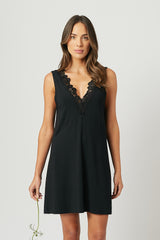 UNE PIECE-(Bundle) Lace Trim V-Neck Nightie + Modal Robe BLACK