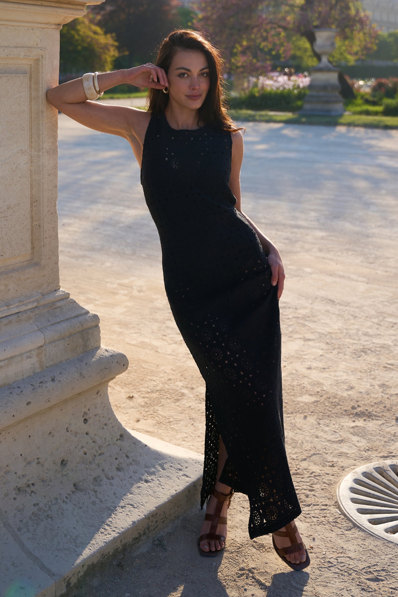 black crochet dress Midi – UNE PIECE out and ruffle details Size:Medium 15.5