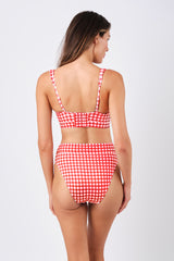 UNE PIECE High-Cut High-Waisted Bikini Bottom in Red Gingham