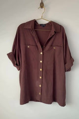 UNE PIECE Short Sleeve Linen Shirt in Chocolate