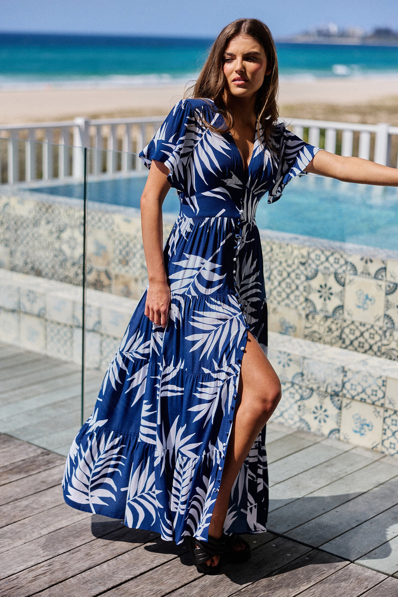 Floaty Sleeve Maxi Dress PALM SILHOUETTE NAVY-UNE PIECE