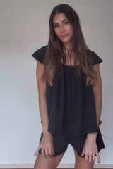Ethereal Frill Top + Shorts Sleep Pyjama Set BLACK