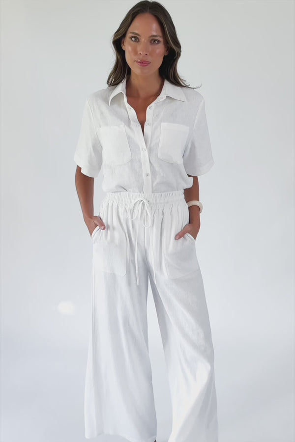 Linen Short Sleeve Button-Up Shirt WHITE