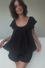 Ethereal Frill Top + Shorts Sleep Pyjama Set BLACK