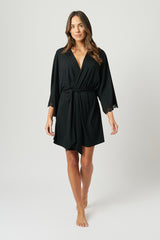UNE PIECE-(Bundle) Lace Trim V-Neck Nightie + Modal Robe BLACK
