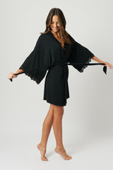 UNE PIECE-(Bundle) Lace Trim V-Neck Nightie + Modal Robe BLACK