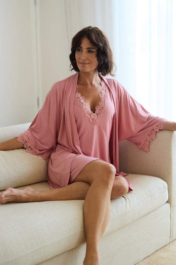 UNE PIECE-(Bundle) Lace Trim V-Neck Nightie + Modal Robe BLUSH PINK
