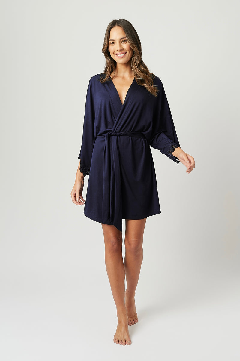 UNE PIECE-(Bundle) Lace Trim V-Neck Nightie + Modal Robe NAVY