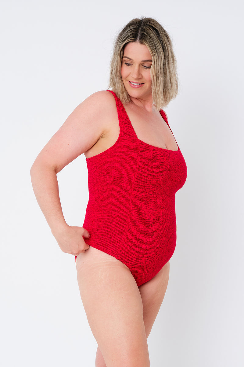 UNE PIECE-Crinkle Cut Square Neck One Piece RED