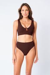UNE PIECE-Crinkle Cut V-Neck Bikini Bralette with Ring CHOCOLATE