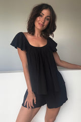 UNE PIECE Ethereal Frill Top + Shorts Sleep Pyjama Set in Black