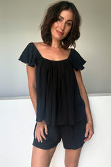 UNE PIECE Ethereal Frill Top + Shorts Sleep Pyjama Set in Black