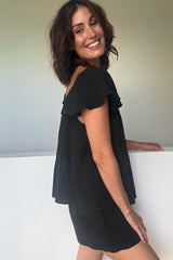 UNE PIECE Ethereal Frill Top + Shorts Sleep Pyjama Set in Black