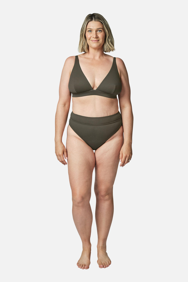 UNE PIECE-High-Cut High-Waisted Bikini Bottom KHAKI TEXTURE