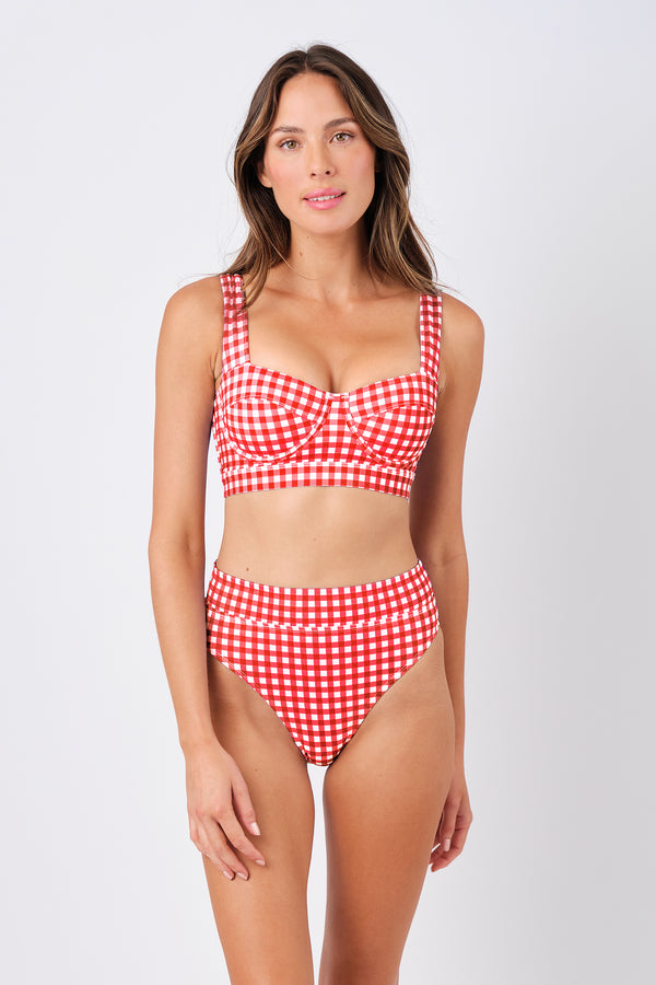 UNE PIECE-High-Cut High-Waisted Bikini Bottom RED GINGHAM