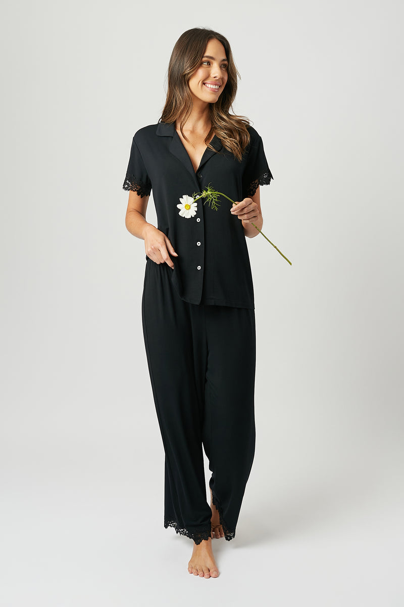 UNE PIECE-Lace Trim Modal Full Length Pyjama Set BLACK