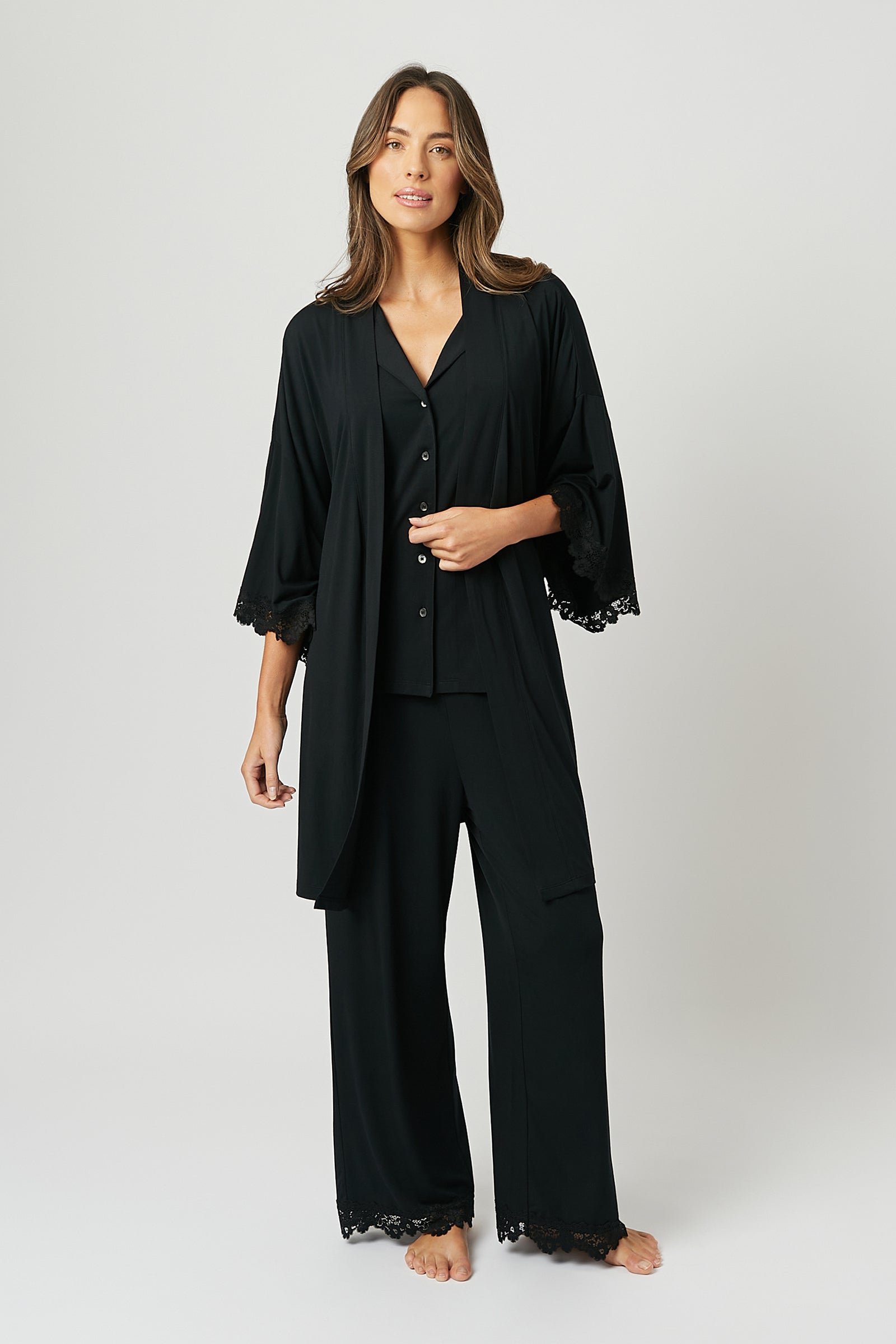 Lace Trim Modal Full Length Pyjama Set BLACK – UNE PIECE