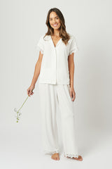 UNE PIECE Lace Trim Modal Full Length Pyjama Set in Ivory