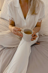 UNE PIECE Lace Trim Modal Full Length Pyjama Set in Ivory
