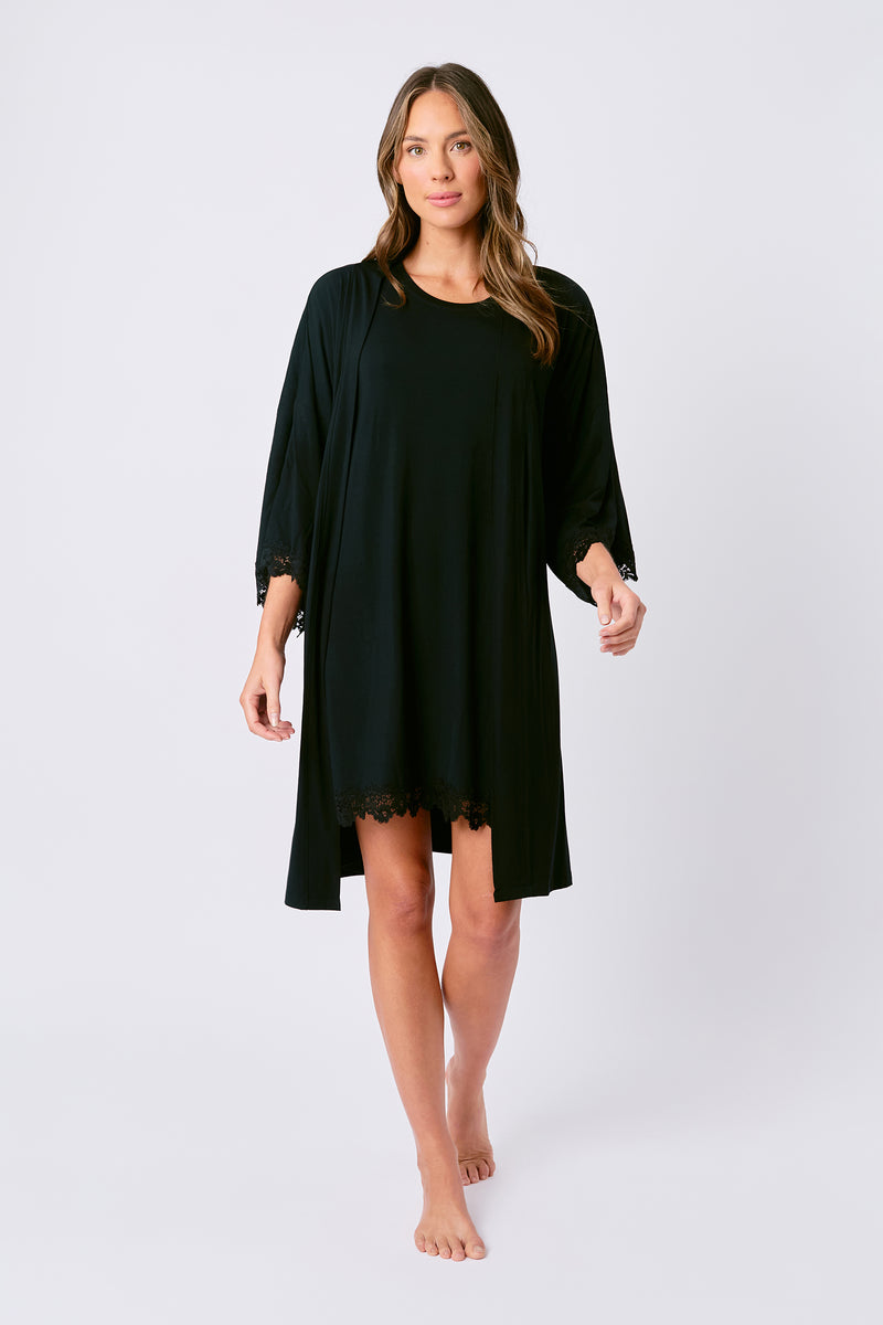 UNE PIECE-Lace Trim Modal Robe BLACK