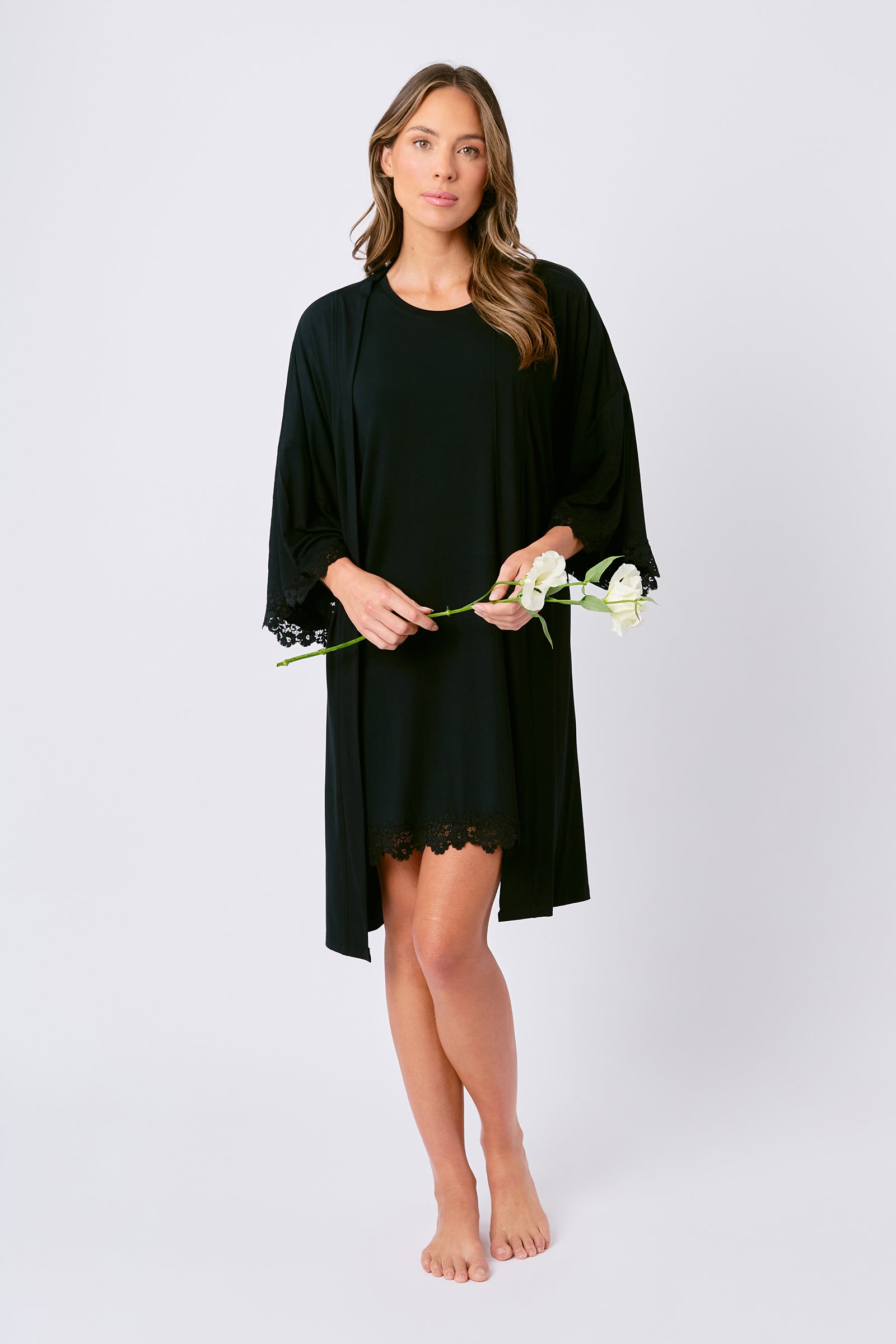 Lace Trim Modal Robe BLACK – UNE PIECE