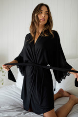 UNE PIECE Lace Trim Modal Robe in Black
