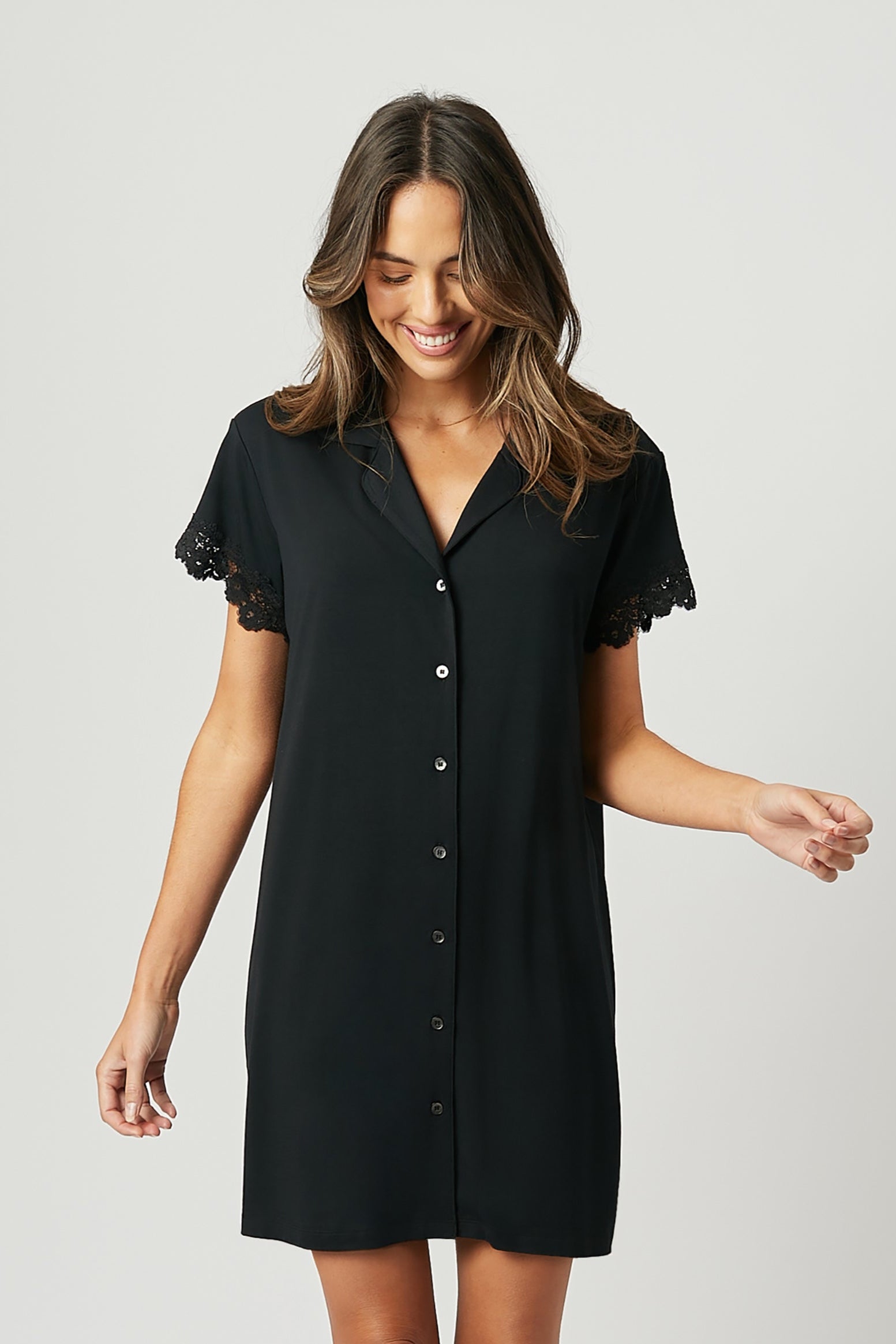 Lace Trim Sleep Shirt Nightie BLACK – UNE PIECE