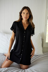UNE PIECE Lace Trim Sleep Shirt Nightie in Black