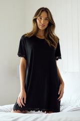 UNE PIECE Lace Trim Sleep Tee Nightie in Black