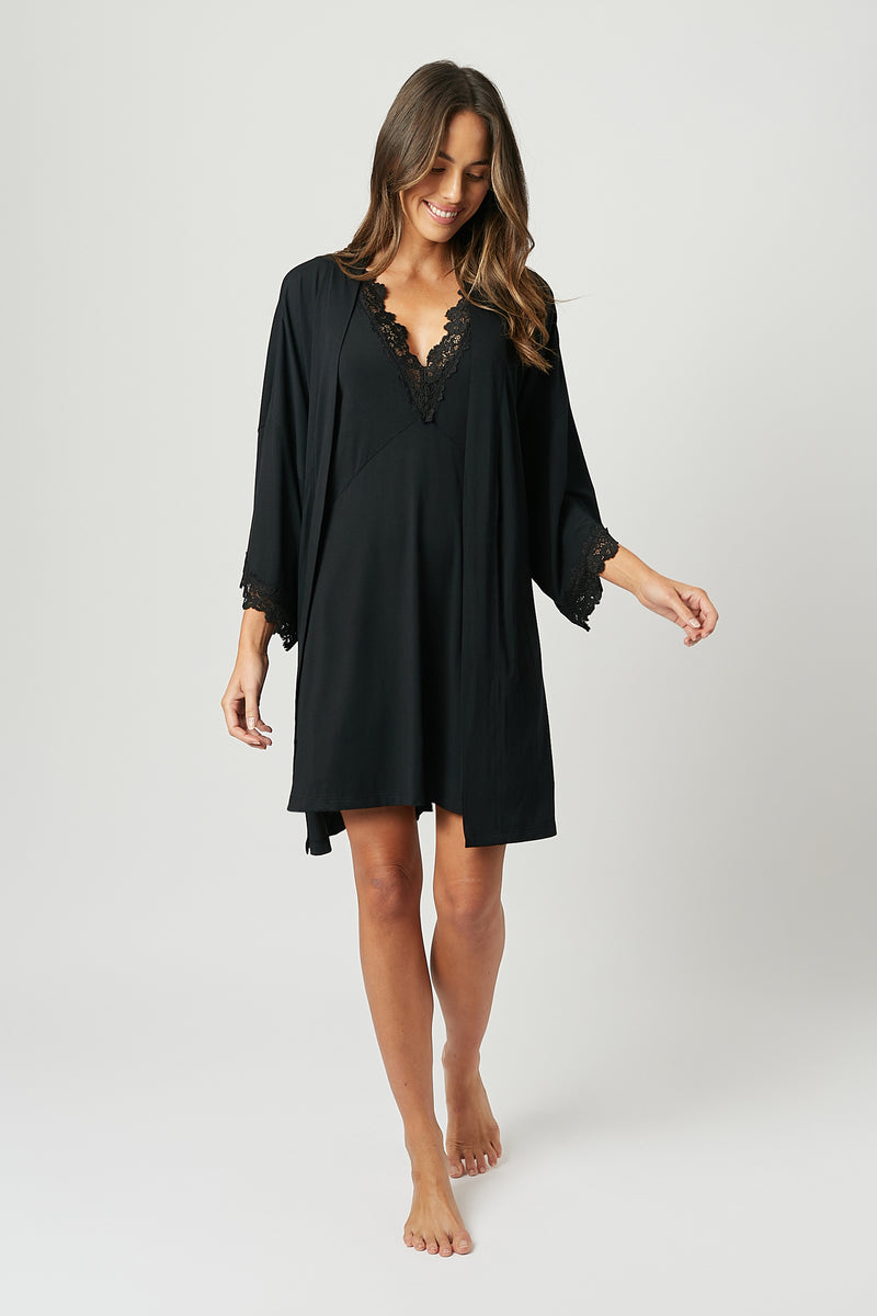 UNE PIECE-Lace Trim V-Neck Nightie BLACK