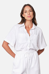 UNE PIECE-Linen Short Sleeve Button-Up Shirt WHITE