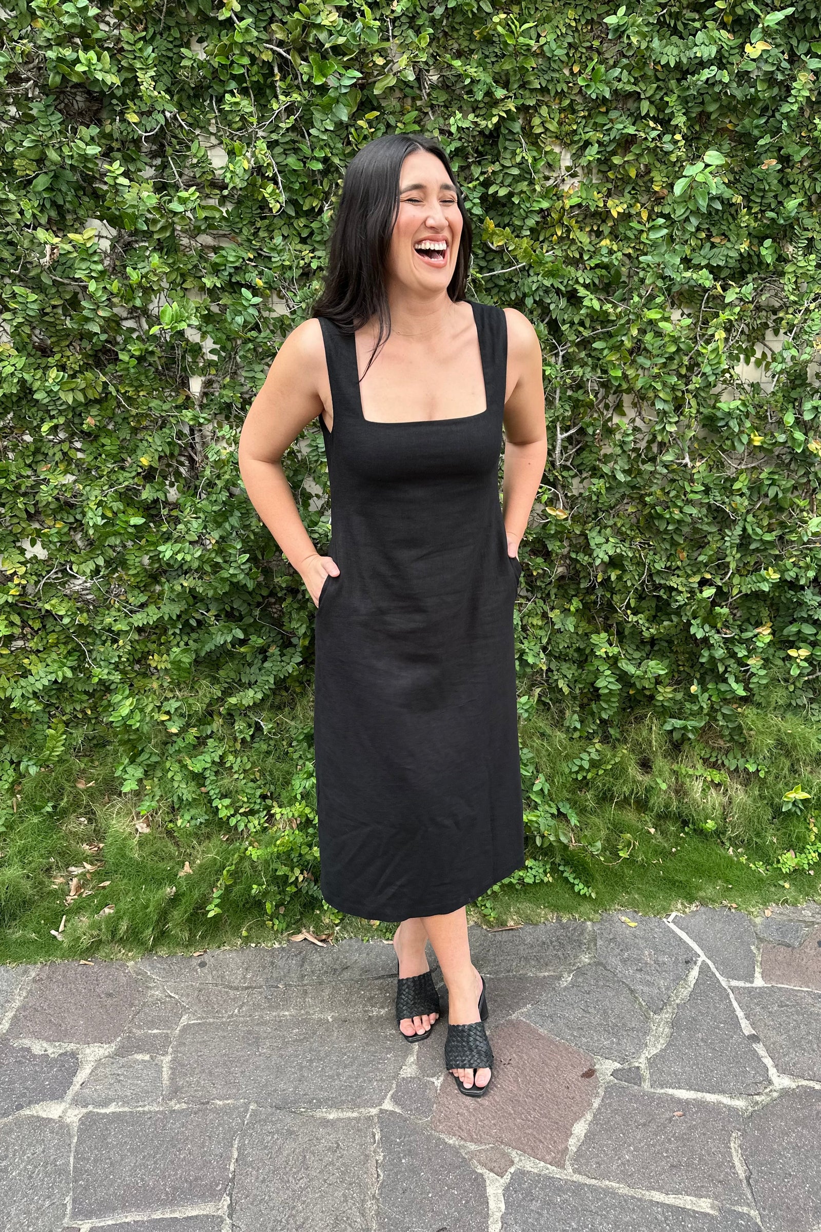 black linen square neck dress Linen Square Neck Midi Dress BLACK – UNE PIECE