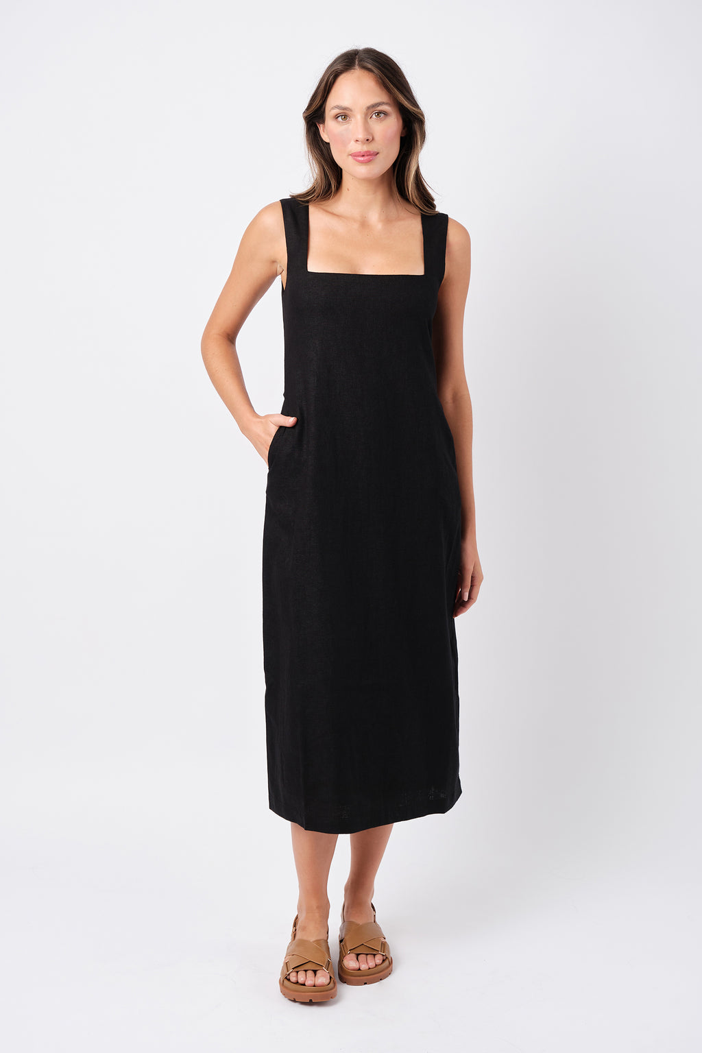 Linen Square Neck Midi Dress BLACK UNE PIECE Linen Square Neck Midi Dress BLACK UNE PIECE