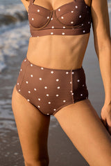 UNE PIECE Textured Never Say Never High-Waisted Bikini Bottom in Chocolate Polka Texture