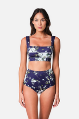 UNE PIECE-Never Say Never High-Waisted Bikini Bottom LONDON BOTANICAL NAVY