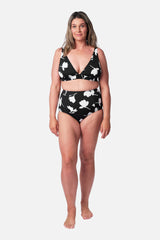UNE PIECE Never Say Never High-Waisted Bikini Bottom in Magnolia Silhouette Black
