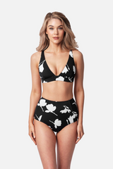 UNE PIECE Never Say Never High-Waisted Bikini Bottom in Magnolia Silhouette Black