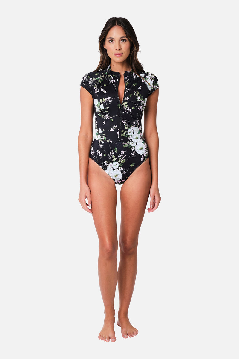 UNE PIECE-Original Sexie Rashie Cap Sleeve LONDON BOTANICAL BLACK
