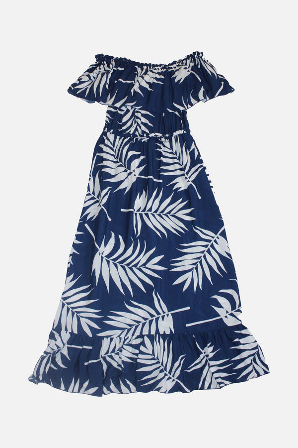 UNE PIECE-[Sample] Frill Off-Shoulder Maxi Dress PALM SILHOUETTE NAVY