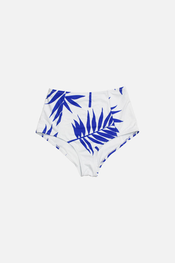 UNE PIECE-[Sample] Never Say Never High-Waisted Bikini Bottom PALM SILHOUETTE BLUE ON WHITE