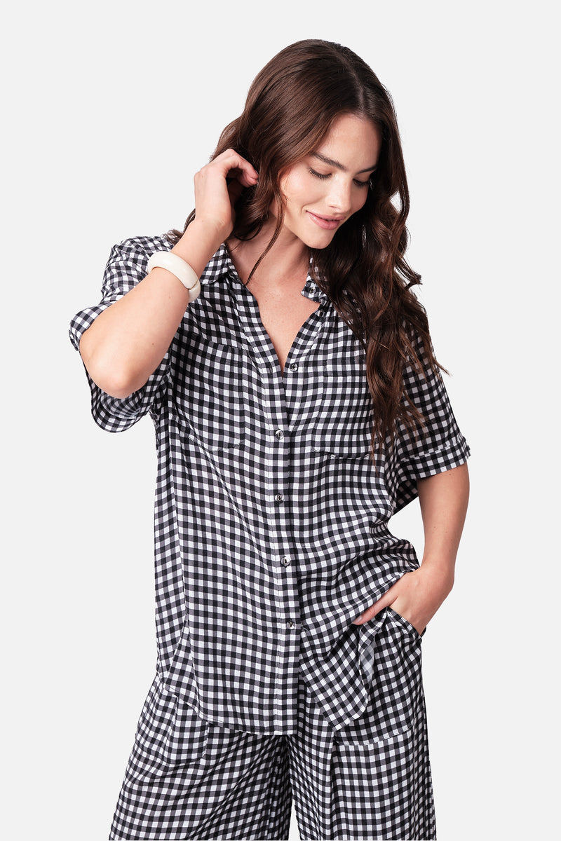 UNE PIECE-Short Sleeve Button-Up Shirt BLACK GINGHAM