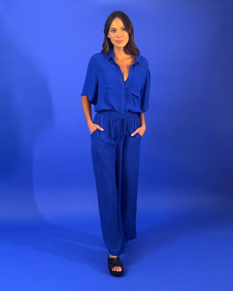 UNE PIECE-Short Sleeve Button-Up Shirt COBALT BLUE