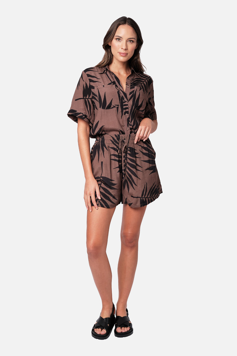 UNE PIECE-Short Sleeve Button-Up Shirt PALM SILHOUETTE CHOCOLATE