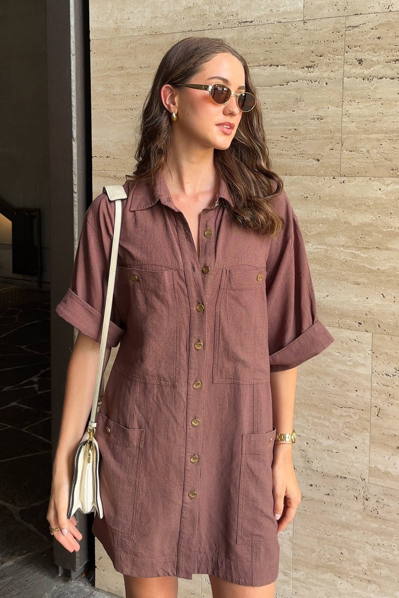 Short Sleeve Linen Dress CHOCOLATE  UNE PIECE