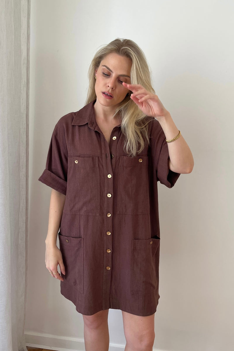 Short Sleeve Linen Dress CHOCOLATE – UNE PIECE