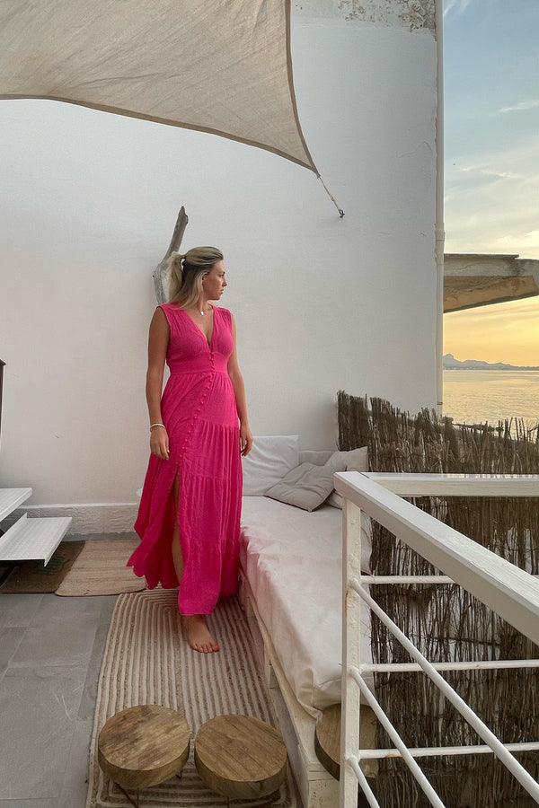UNE PIECE-V-Neck Tiered Maxi Dress PINK
