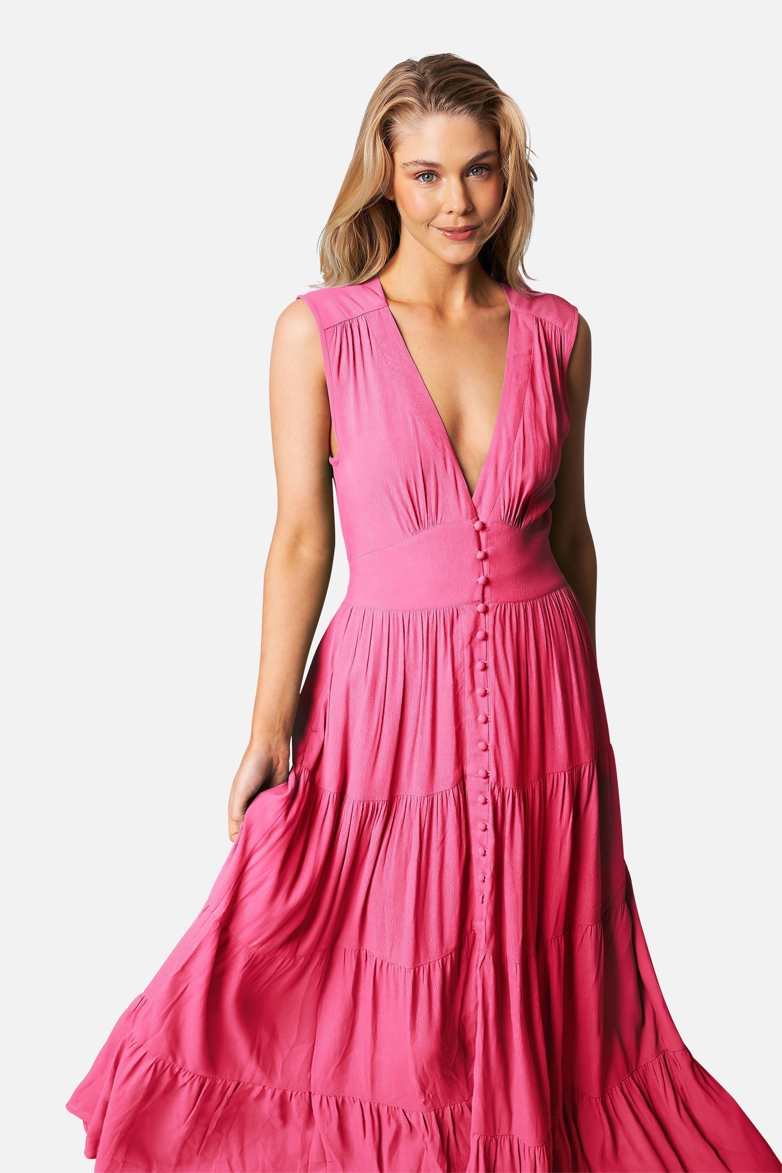 V-Neck Tiered Maxi Dress PINK – UNE PIECE