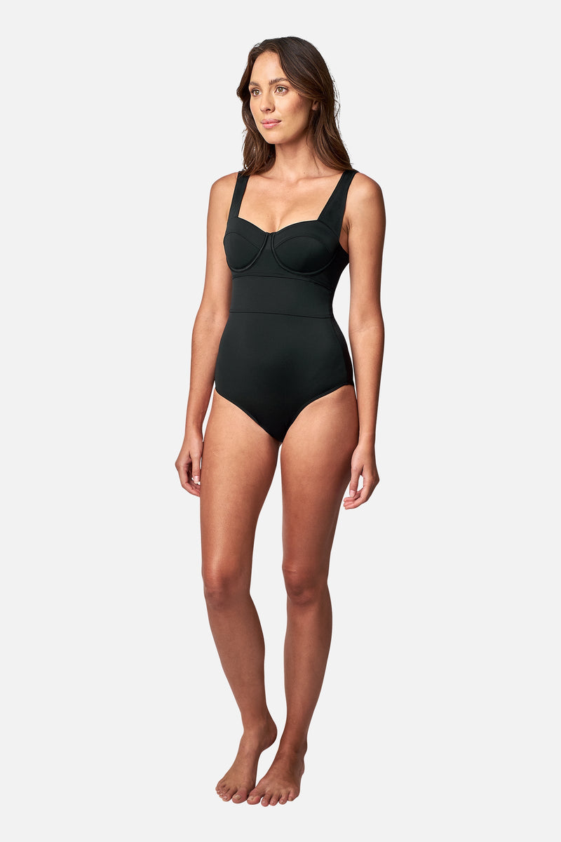 Mira Women's Corset One Piece Swimsuit- Black EcoNyl and Black