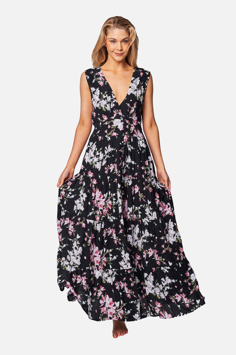 UNE PIECE-V-Neck Tiered Maxi Dress BAUHINIA BLACK